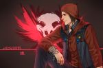  1boy beanie brown_hair cang_fade chain dark_persona dated delsin_rowe hat hood hoodie infamous_second_son logo male_focus profile red_theme sitting solo wrist_chain 