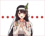  ... 1girl bangs black_hair blush breasts christmas_tree detached_sleeves eyebrows_visible_through_hair floral_print fusou_(kantai_collection) hair_ornament headband headgear highres interlocked_fingers japanese_clothes kantai_collection large_breasts long_hair obi open_mouth red_eyes remodel_(kantai_collection) saitu_miki sash simple_background solo sweat upper_body white_headband 