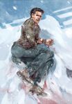  1boy bandages black_hair blood blood_in_mouth blood_on_chest blood_on_snow cang_fade denim facial_hair highres injury jeans lying male_focus nathan_drake on_side pants snow snowing solo stubble uncharted uncharted_2 