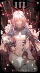  1girl absurdres arknights blur_censor bowing censored closed_eyes demon_girl demon_horns dress hand_on_thighs highres horns kotatsu_kaya long_hair long_sleeves pink_hair star_(symbol) tarot theresa_(arknights) thumb_ring very_long_hair white_dress 