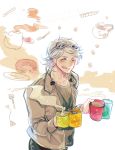  1boy :q coffee coffee_mug cup doughnut food goggles goggles_on_head grey_hair highres holding holding_cup male_focus mikann0206 mug one_eye_closed peter_maximoff quicksilver silver_hair smile solo teapot tongue tongue_out x-men:_days_of_future_past 