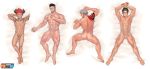  4boys abs ass back bara beard bed_sheet black_hair blush boxer_dansi censored completely_nude dakimakura_(medium) demon_boy demon_horns erection facial_hair flaccid full_body green_hair grey_hair hand_on_own_chest highres horns looking_at_another looking_at_viewer male_focus mosaic_censoring multiple_boys muscle navel nipples nude original pectorals penis red_hair short_hair shoulder_tattoo small_penis spread_legs tattoo thick_thighs thighs toned toned_male undercut 