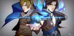  2boys absurdres armor bare_pecs black_hair blonde_hair blue_eyes cang_fade cape crystal ezreal facial_mark goggles goggles_on_head grey_eyes highres league_of_legends long_hair male_focus multiple_boys pauldrons shoulder_armor taric 