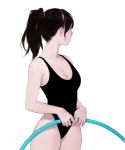  1girl athletic_leotard bangs bare_shoulders black_hair breasts cleavage collarbone cowboy_shot gym_uniform gymnastics_ring holding large_breasts leotard long_hair looking_to_the_side original pale_skin ponytail simple_background solo white_background 