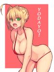  1girl absurdres ahoge bare_shoulders bikini blonde_hair breasts cleavage collarbone commentary_request fang fate/extra fate_(series) green_eyes highres huge_ahoge ishibori_eregomos large_breasts looking_at_viewer nero_claudius_(fate) nero_claudius_(fate)_(all) open_mouth red_background red_bikini short_hair skindentation solo swimsuit thighs 