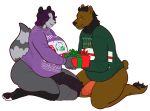 ambiguous_gender anthro balls belly big_breasts big_penis black_hair breasts brown_bear christmas christmas_clothing clothing duo fur genitals grizzly_bear hair herm holidays huge_penis intersex intersex/male itsthenutzone lepidusdelsol_(character) lexy_(coachman) male mammal overweight penis procyonid purple_eyes purple_hair raccoon simple_background smile thick_thighs ursid ursine 