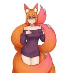 1girl absurdres animal_ear_fluff animal_ears artist_name bangs bare_shoulders blue_eyes breasts closed_mouth collarbone commentary commission fox_ears fox_girl fox_tail hair_between_eyes hand_on_breast hands_up highres kitsune large_breasts large_tail long_hair long_sleeves looking_at_viewer multiple_tails no_pants off-shoulder_sweater off_shoulder orange_hair original purple_eyes purple_sweater rob_ishi simple_background sleeves_past_wrists smile solo sweater tail white_background 