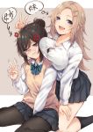  2girls :d :t anger_vein arrow_(symbol) bangs beige_background between_legs black_bra black_hair black_legwear blue_bow blue_eyes blue_neckwear blush bow bowtie bra bra_peek bra_through_clothes breast_envy breast_rest breasts breasts_on_head brown_legwear button_gap buttons clenched_teeth collarbone collared_shirt commentary_request dress_shirt empty_eyes fangs feet_out_of_frame fingernails glasses grey_skirt hair_bun hair_ornament hairclip hand_between_legs hand_on_own_thigh hand_up highres kneehighs kneeling large_breasts light_brown_hair long_hair long_sleeves looking_at_viewer looking_away miniskirt mole mole_under_mouth multiple_girls open_mouth original otou_(otou3dayo) pantyhose parted_bangs partially_unbuttoned pleated_skirt red-framed_eyewear rimless_eyewear school_uniform see-through shiny shiny_hair shirt short_hair siblings sidelocks sisters sitting skirt smile sweater_vest teeth translated trembling two-tone_background underwear v white_background white_shirt 
