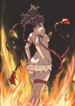  1girl absurdres ass bare_back black_hair breasts butt_crack dark_skin fire from_behind genshin_impact highres lelaliajujuju looking_back nipples short_shorts short_twintails shorts shorts_pull sideboob solo spikes topless twintails xinyan_(genshin_impact) 