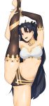  1girl absurdres armpits bandeau bangs bikini black_legwear breasts cowboy_shot detached_sleeves dyun earrings fate/grand_order fate_(series) highres hoop_earrings ishtar_(fate)_(all) ishtar_(fate/grand_order) jewelry long_hair long_legs looking_at_viewer medium_breasts mismatched_bikini navel neck_ring open_mouth parted_bangs red_eyes signature single_detached_sleeve single_thighhigh solo split standing standing_on_one_leg standing_split strapless swimsuit thighhighs thighs tiara tubetop very_long_hair 