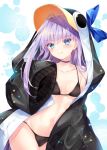  1girl :q animal_costume animal_hood bangs bare_shoulders bikini bikini_under_clothes black_bikini black_jacket blue_choker blue_eyes breasts choker closed_mouth collarbone commentary_request cowboy_shot eyebrows_visible_through_hair fate/grand_order fate_(series) floral_background hair_between_eyes hood hood_up hooded_jacket jacket long_hair long_sleeves looking_at_viewer meltryllis meltryllis_(swimsuit_lancer)_(fate) navel nogi_takayoshi open_clothes open_jacket penguin_costume penguin_hood purple_hair sleeves_past_fingers sleeves_past_wrists small_breasts smile solo stomach string_bikini swimsuit tongue tongue_out very_long_hair white_background 