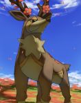  antlers black_eyes blue_sky commentary day english_commentary flower gen_5_pokemon lowres outdoors pinkgermy pokemon sawsbuck sawsbuck_(spring) sky solo standing 