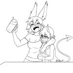  2girls alcohol animal_ears arm_around_neck bare_arms bare_shoulders beer beer_mug blush breast_envy breasts bunny_ears cleavage closed_eyes commentary cup demon_girl demon_horns demon_tail drinking_glass drunk english_commentary greyscale highres holding horns large_breasts li_(rob_ishi) monochrome mug multiple_girls open_mouth original pants pointy_ears rob_ishi shirt short_hair sleeveless sleeveless_shirt smile tail tank_top tracie_(rob_ishi) twitter_username 