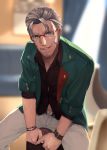  1boy absurdres arurandis belt blurry blurry_background dlop_6 facial_hair glasses goatee green_jacket grey_hair highres holostars jacket looking_at_viewer male_focus navel pants red-framed_eyewear sideburns sitting smile solo virtual_youtuber watch wristband wristwatch 