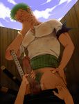  1boy 1other alterinku bara blush censored cum ejaculation erection green_hair hand_on_hip hand_on_own_face handjob jewelry katana male_focus male_pubic_hair mosaic_censoring muscle one_piece pectorals penis projectile_cum pubic_hair roronoa_zoro see-through short_hair single_earring solo_focus steam sword testicles thighs veins veiny_penis weapon wet wet_clothes 