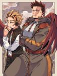  2boys alternate_costume beard beige_border blonde_hair blue_eyes boku_no_hero_academia brown_coat brown_pants closed_mouth coat commentary_request crossed_arms dress_shirt facial_hair hand_up hawks_(boku_no_hero_academia) headphones long_sleeves looking_at_viewer male_focus miso_(mimimiso) multiple_boys pants red_hair red_wings scar scar_across_eye shirt short_hair spiked_hair todoroki_enji vest white_shirt wings 