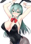  1girl :p animal_ears armpits arms_up bare_shoulders bow bowtie breasts bunny_ears cleavage eyebrows_visible_through_hair fake_animal_ears gin&#039;ichi_(akacia) green_eyes green_hair grey_legwear hair_between_eyes hair_ornament hairclip kantai_collection large_breasts long_hair looking_at_viewer pantyhose playboy_bunny red_neckwear simple_background smile solo suzuya_(kantai_collection) tongue tongue_out white_background 