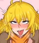  1girl afrobull ahegao ahoge artist_name blonde_hair commentary english_commentary hair_between_eyes long_hair looking_at_viewer pink_background portrait purple_eyes rolling_eyes rwby saliva sketch solo sweat tears tongue tongue_out yang_xiao_long 