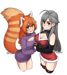  2girls absurdres ahoge animal_ears artist_name bare_shoulders black_gloves bow breasts brown_eyes cleavage cleavage_cutout clothing_cutout commentary commission cropped_legs dress elbow_gloves fox_ears fox_tail fur_trim gloves green_eyes grey_hair grin highres interlocked_fingers large_breasts long_hair looking_at_viewer meme_attire mole mole_under_eye multiple_girls orange_hair original purple_sweater red_bow red_dress red_eyes rob_ishi simple_background smile sweater tail thighhighs white_background zettai_ryouiki 