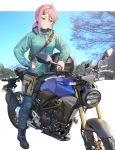  1girl bangs blurry blurry_background boots brown_eyes eyebrows_visible_through_hair ground_vehicle hair_ornament hairclip highres itou_(onsoku_tassha) jacket medium_hair motor_vehicle motorcycle original pink_hair ponytail smile solo 