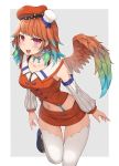  1girl bangs bow bow_choker chef_hat choker collarbone detached_sleeves eyebrows_visible_through_hair gradient gradient_hair gradient_wings green_bow green_choker green_hair green_wings hat highres hololive hololive_english leg_up looking_at_viewer multicolored multicolored_hair multicolored_wings navel nukoz open_hands open_mouth orange_hair orange_skirt orange_wings phoenix_wings skirt solo takanashi_kiara thighhighs virtual_youtuber wings 