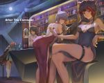  4girls absinthe_(arknights) absurdres alcohol animal_ears aqua_hair arknights ass bartender bracelet breasts character_request choker cleavage cocktail_shaker covered_navel crossed_legs cup dated dress drinking_glass earrings grey_hair highres indoors istina_(arknights) jewelry multicolored_hair multiple_girls night qiong_luo red_headwear sitting socks streaked_hair suspenders thigh_strap white_legwear wine wine_glass zima_(arknights) 