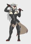  anthro biglovealicia biped canid canine canis clothed clothing dominatrix female fur hair hi_res legwear looking_at_viewer mammal simple_background solo whip wolf zofia_wojick_(character) 