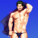  1boy :d abs armpits bara bikini_briefs blue_male_underwear boxer_dansi bulge green_hair groin holding holding_clothes holding_jacket jacket male_focus muscle navel nipples open_mouth original pectorals quiz_quest short_hair simple_background smile solo spiked_hair thighs tongue underwear underwear_only undressing 