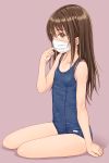  1girl blue_swimsuit brown_eyes brown_hair collarbone commentary_request flat_chest focke_wulf highres long_hair looking_at_viewer mask mouth_mask original pink_background school_swimsuit simple_background sitting solo swimsuit yokozuwari 