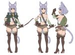  1girl ahoge animal_ears arrow_(projectile) artist_name backpack bag bangs bare_shoulders blush boots bow_(weapon) breasts brown_footwear brown_shorts cat_ears cat_girl cat_tail cleavage commentary crop_top english_text gloves green_bag hand_on_hip hand_up highres holding holding_bow_(weapon) holding_weapon hood hood_down legs_apart looking_at_viewer medium_hair midriff multiple_views navel original quiver rob_ishi short_shorts shorts simple_background small_breasts smile standing tail thigh_boots thighhighs weapon white_background xion_(acornsmash) 