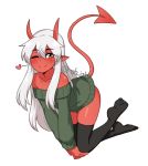  1girl ;) artist_name bangs bare_shoulders black_legwear blush closed_mouth collarbone colored_skin commentary demon_girl demon_horns demon_tail full_body green_sweater grey_hair hair_between_eyes hands_on_own_knees heart highres horns li_(rob_ishi) long_hair long_sleeves looking_at_viewer no_shoes off-shoulder_sweater off_shoulder one_eye_closed original pointy_ears red_skin rob_ishi simple_background skin-covered_horns skindentation smile solo sweater tail thighhighs 