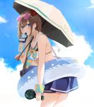  1girl bag bikini bikini_skirt blue_eyes blue_sky blush breasts brown_hair cloud cloudy_sky commentary coolish copyright_name cowboy_shot day earbuds earphones electric_fan eyewear_on_head fan hair_ornament hair_ribbon highres holding holding_umbrella hololive innertube kase_(kurimuzone_oruta) long_hair looking_at_viewer medium_breasts outdoors parasol pien ribbon round_eyewear sailor_collar shoulder_bag sky solo star_(symbol) star_hair_ornament swimsuit tinted_eyewear tokino_sora umbrella virtual_youtuber white_bikini wrist_cuffs 