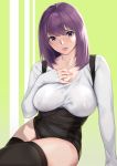  1girl arm_support bangs black_legwear blush breasts cleavage collarbone covered_nipples crossed_legs fingernails gradient gradient_background green_background hand_on_own_chest large_breasts long_hair long_sleeves looking_at_viewer original parted_lips purple_eyes purple_hair short_shorts shorts solo suspender_shorts suspenders thighhighs thighs v-neck white_background yamaishi_(mukoubuti) 