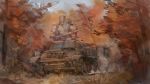  autumn autumn_leaves forest ground_vehicle gun highres holding holding_gun holding_weapon looking_ahead mecha military military_vehicle motor_vehicle nature no_humans original science_fiction tank vehicle_focus weapon xerbatt 