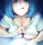  1girl :p blue_eyes blue_hair breasts cleavage collarbone e_keroron lana&#039;s_mother_(pokemon) long_hair looking_at_viewer mature pokemon pokemon_(anime) pokemon_sm_(anime) simple_background smile tongue tongue_out underboob 