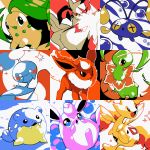  :d :o chikorita chimecho chinchou commentary english_commentary fangs flareon gen_1_pokemon gen_2_pokemon gen_3_pokemon happy looking_at_viewer meganium open_mouth pinkgermy pokemon smile snow sparkle spheal stitched third-party_edit togetic wigglytuff zangoose 