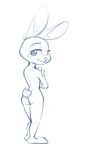  2020 anthro blue_and_white butt disney female fur judy_hopps lagomorph leporid looking_at_viewer looking_back looking_back_at_viewer mammal monochrome nude qrog rabbit simple_background solo standing white_background zootopia 