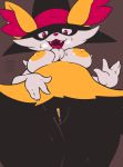  absurd_res anthro big_breasts bottom_pov braixen breasts breathing canid canine clothing embarrassed female hat headgear headwear hi_res low-angle_view magic_user mammal nintendo pok&eacute;mon pok&eacute;mon_(species) ponporio_(artist) presenting video_games witch witch_hat 