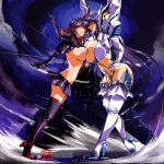  1980s_(style) 2girls alternate_breast_size armor artist_name asymmetrical_docking bangs black_gloves black_hair blue_eyes boots breast_press breasts clenched_teeth commission english_commentary floating_hair gloves hand_on_hip head_to_head hinomars19 huge_breasts junketsu kill_la_kill kiryuuin_satsuki large_breasts leaning_forward long_hair looking_at_another looking_down looking_up matoi_ryuuko multicolored_hair multiple_girls red_hair retro_artstyle senketsu sideboob streaked_hair teeth thigh_boots thighhighs white_gloves 