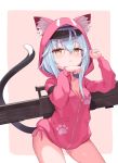  1girl 7eddy animal_ear_fluff animal_ears animal_hood assault_rifle bangs blue_hair blush breasts brown_eyes cat_ears cat_girl cat_hood cat_tail cleavage collarbone commentary_request eyebrows_visible_through_hair fake_animal_ears g11_(girls_frontline) girls_frontline gun h&amp;k_g11 hair_between_eyes hands_up hood hood_up hooded_jacket jacket kemonomimi_mode long_hair long_sleeves looking_at_viewer naked_jacket object_namesake parted_lips paw_pose pink_background pink_jacket rifle sleeves_past_wrists small_breasts solo standing tail tail_raised two-tone_background weapon weapon_on_back white_background 