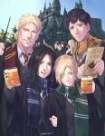  3girls 4boys :d :q animal_ears annie_leonhardt armin_arlert bangs bertolt_hoover black_cloak black_eyes black_hair blonde_hair blue_eyes blue_neckwear blue_scarf castle cloak closed_mouth collared_shirt commentary_request cosplay crossover cup day drink enpera eren_yeager fake_animal_ears green_eyes green_neckwear green_scarf harry_potter head_tilt highres hogwarts_school_uniform locked_arms long_sleeves looking_at_viewer mikasa_ackerman multiple_boys multiple_girls necktie open_mouth outdoors pamphlet parted_bangs pieck red_neckwear red_scarf reiner_braun scarf school_uniform self_shot shingeki_no_kyojin shirt short_hair sky smile taking_picture tongue tongue_out tree twitter_username vvv020vvv wand white_shirt wing_collar yellow_eyes yellow_neckwear yellow_scarf 