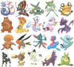  :d bear beautifly berry_(pokemon) black_eyes blitzle bug buneary bunny butterfly cat commentary dedenne english_commentary fangs flaaffy flower froslass gen_1_pokemon gen_2_pokemon gen_3_pokemon gen_4_pokemon gen_5_pokemon gen_6_pokemon insect jumping kirlia looking_at_viewer meowth milotic mismagius one_eye_closed open_mouth pinap_berry pinkgermy pokemon porygon2 pose quagsire scrafty simple_background smile sneasel standing standing_on_one_leg stunky swadloon talonflame trubbish ursaring vulpix white_background 
