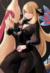  1girl black_coat black_pants blonde_hair breasts cleavage closed_mouth coat cynthia_(pokemon) eyebrows_visible_through_hair eyelashes fur-trimmed_coat fur_trim gen_3_pokemon grey_eyes hair_ornament hair_over_one_eye highres holding holding_poke_ball long_hair long_sleeves looking_at_viewer milotic pants poke_ball poke_ball_(basic) pokemon pokemon_(creature) pokemon_(game) pokemon_dppt ririmon shiny smile very_long_hair 
