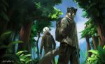  2020 absurd_res anthro backpack black_hair canid canine clothed clothing cloud duo felid fully_clothed fur hair hi_res kadrion light lighting low-angle_view male mammal outside pantherine plant signature sky standing tiger tree white_hair 