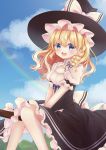  1girl :d absurdres alternate_eye_color bangs black_headwear black_skirt black_vest blonde_hair blue_eyes blue_sky blush braid breasts broom broom_riding cleavage cloud commentary_request day feet_out_of_frame hair_between_eyes hat hat_ribbon highres kirisame_marisa knees_together long_hair medium_breasts mimi89819132 open_mouth outdoors petticoat puffy_short_sleeves puffy_sleeves raglan_sleeves rainbow ribbon shirt short_sleeves single_braid sitting skirt sky smile solo star-shaped_pupils star_(symbol) symbol-shaped_pupils touhou upper_teeth vest white_shirt witch_hat 