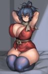  1girl armpits arms_behind_head arms_up bed black_hair breasts cleavage curvy frown grey_background highres huge_breasts kelvin_hiu long_hair looking_at_viewer manyuu_chifusa manyuu_hikenchou orange_eyes ponytail seiza short_hair sitting skindentation solo thick_thighs thighs 