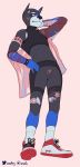  ambiguous_gender anthro border bottomless canid canine clothed clothing featureless_crotch footwear garter_belt garter_straps hairless hero_(snofu) hi_res jacket low-angle_view male mammal neoprene pinup pose rubber shoes sneakers snofu socks solo topwear white_border worm&#039;s-eye_view 