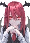  1girl bat_wings black_vest closed_mouth fall_dommmmmer hair_between_eyes head_wings highres koakuma light_smile long_hair looking_at_viewer necktie pointy_ears red_eyes red_hair red_neckwear shirt simple_background solo touhou upper_body vest white_background white_shirt wings 