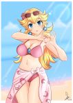  1girl absurdres bangs beach bikini blonde_hair blue_eyes blurry blurry_background blush breasts cleavage earrings english_commentary eyebrows_visible_through_hair flower hair_flower hair_ornament highres jewelry laceysx large_breasts lips long_hair mario_(series) nail_polish ocean parted_lips pink_bikini pink_nails princess_peach sunglasses super_mario_odyssey swimsuit 