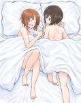  2girls back bangs barefoot bed_sheet brown_eyes brown_hair closed_mouth commentary eyebrows_visible_through_hair from_above girls_und_panzer incest laughing looking_at_another lying multiple_girls mutsu_(layergreen) nishizumi_maho nishizumi_miho nude on_bed on_side on_stomach open_mouth pillow short_hair siblings sisters smile under_covers yuri 